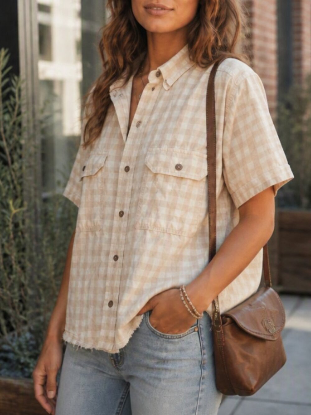 Carhartt Beige Check Boxy Fit Plaid Crop Shirt M Upcycled Utility Streetwear